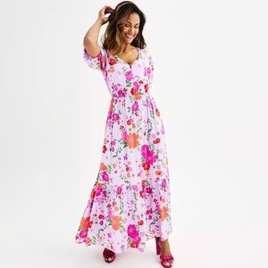 DRAPER JAMES RSVP Elbow Sleeve Floral Maxi Dress Large